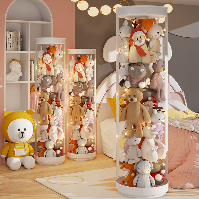 毛绒娃娃收纳桶儿童玩具收纳箱装玩偶公仔收纳筒神器圆柱旋转收纳