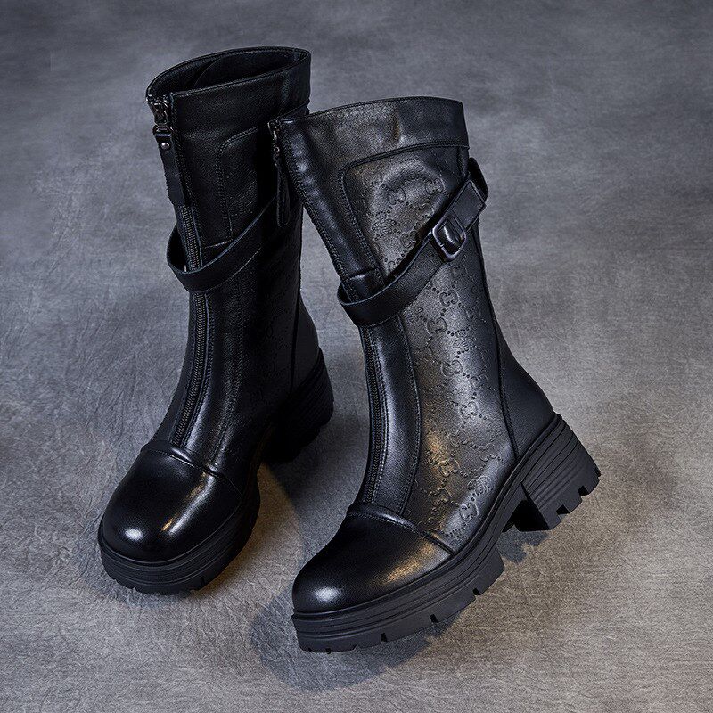 满300减30跨店商品前拉链头层B牛皮压花马丁靴女秋冬加绒高筒靴子