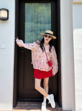 金苏一 100苎麻刺绣衬衫夏季韩版气质长袖防晒上衣红色全亚麻短裙