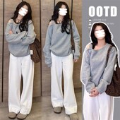 春d季 2025新款 宽松休闲长袖 孕妇套装 露肩卫衣上衣拖地阔腿裤 两件