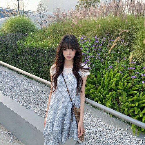 夏季甜美蓝格收腰显瘦连衣裙
