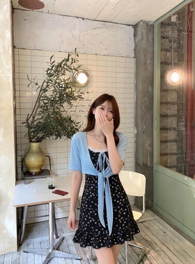 韩系甜美风碎花吊带连衣裙女2026夏季蓝色开衫系带两件套显瘦套装