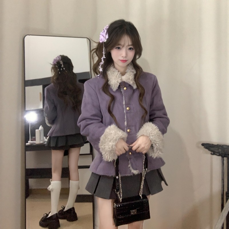 麂皮绒翻领毛绒短外套女冬季