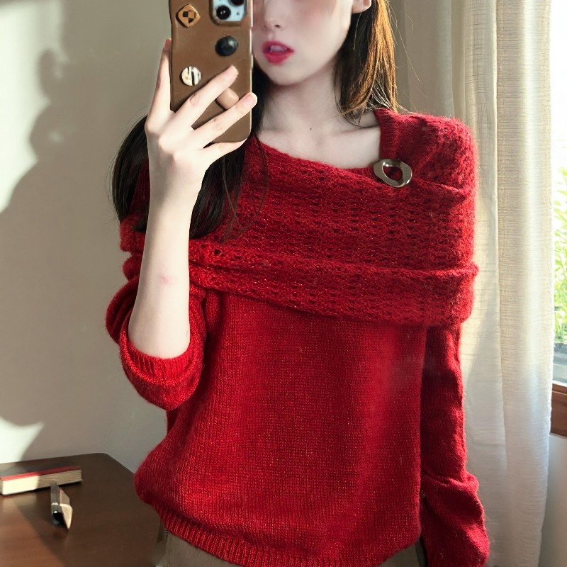 新中式高级感红色一字肩毛衣女春夏季新年镂空长袖针织衫显瘦上衣,女装/女士精品,毛衣,淘宝优惠券,粉丝福利购,淘宝优惠卷