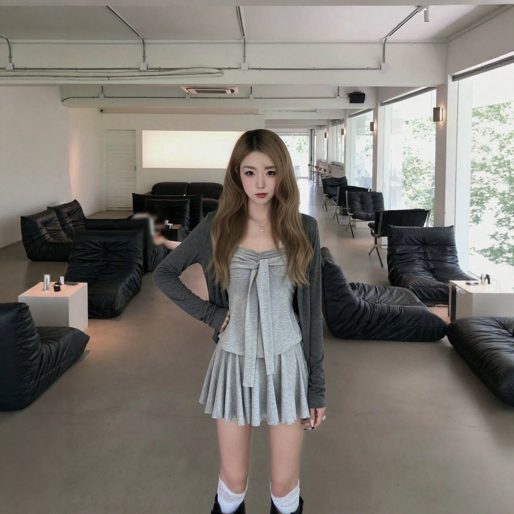 灰色抹胸上衣短裙女2026秋季休闲百搭高级感显瘦三件套时尚套装女