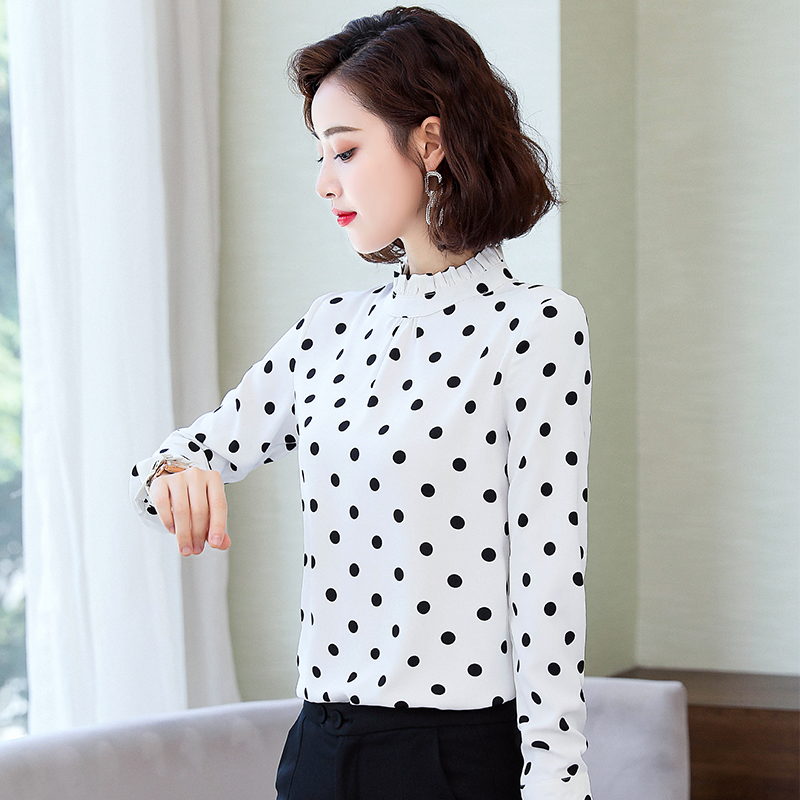 波点立领雪纺衫衬衫女长袖2021春秋新款圆点衬衣洋气内搭打底上衣