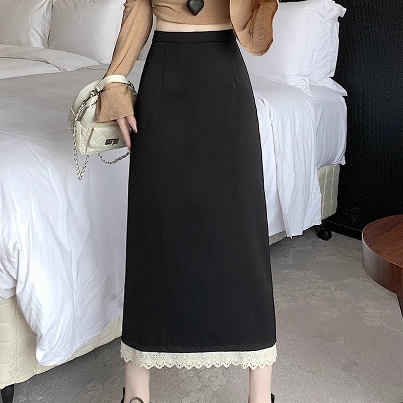 黑色花边高腰显瘦半身裙女春季大码新款a字半裙气质直筒包臀长裙