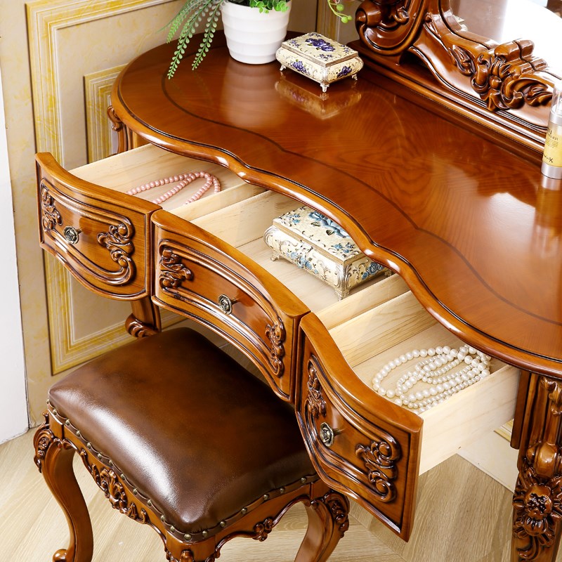 欧式实木梳妆台 美式别墅奢华卧室收纳柜复古深色一体带抽化妆桌