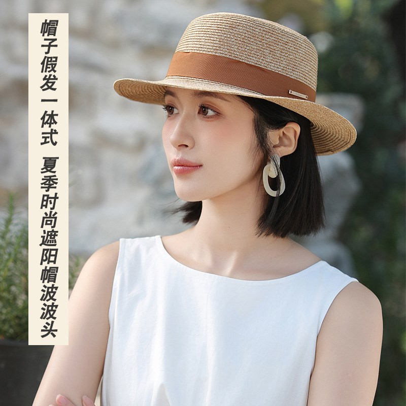 帽子假发女士夏季遮阳大帽檐短发波波头网红百搭旅游编织草帽头套