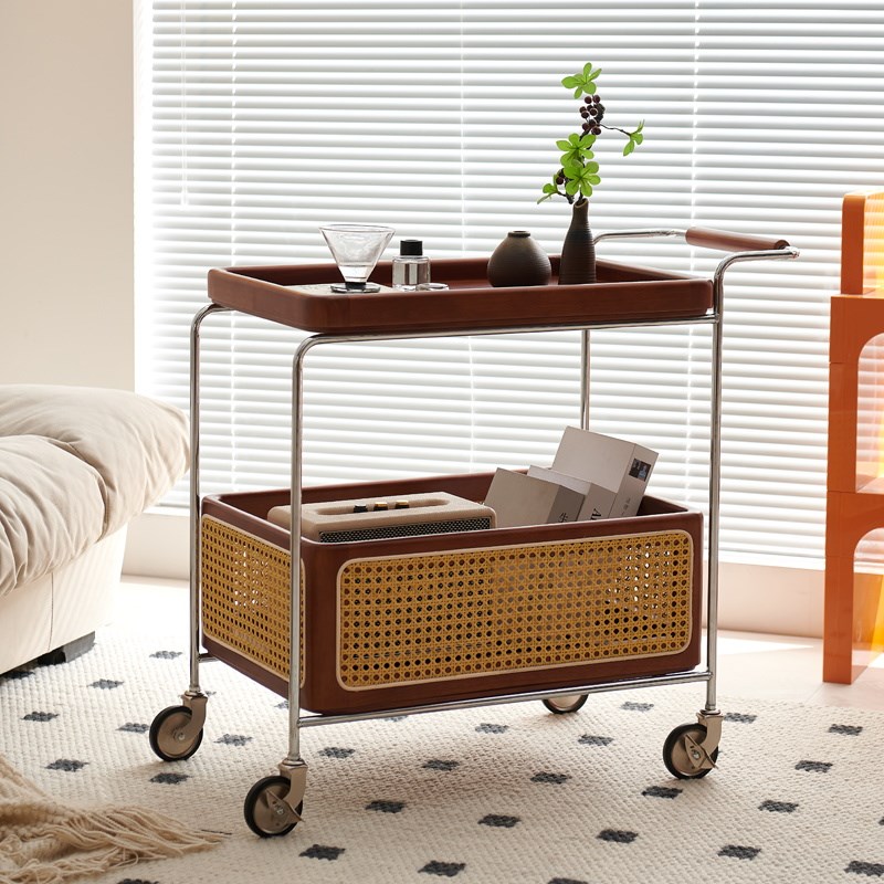 E束/流年/中古藤编小推车可移动藤编茶边几置物架法式复古风收纳