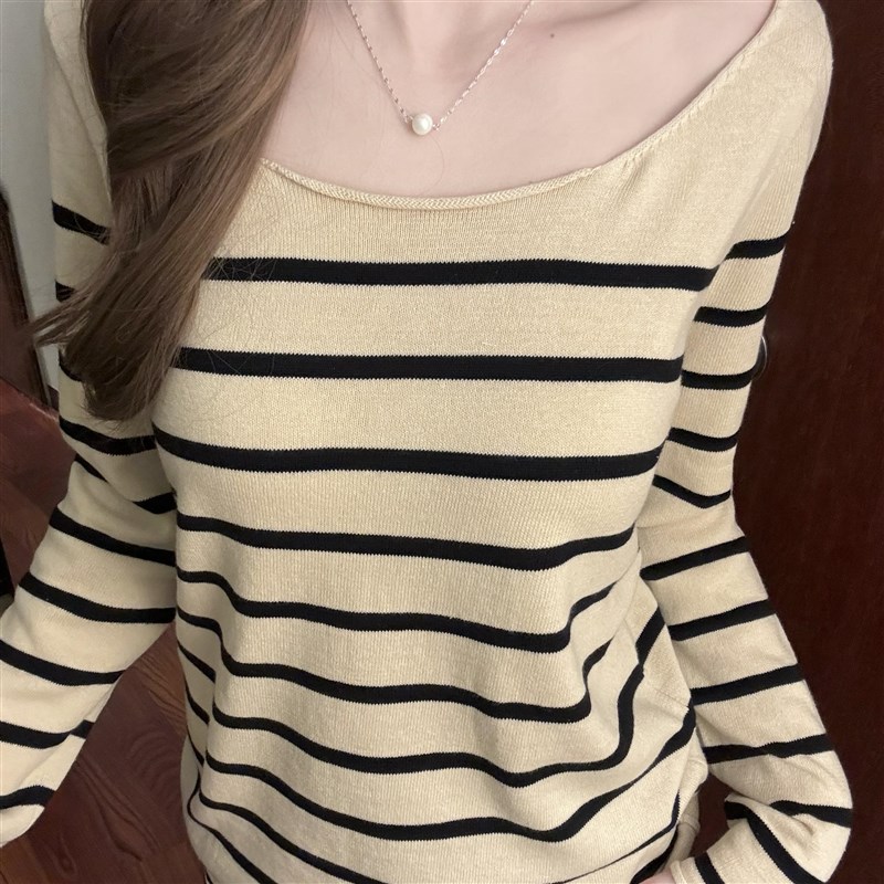 BM新款撞色条纹大圆领长袖针织衫上衣女秋季显瘦打底衫露肩毛衣