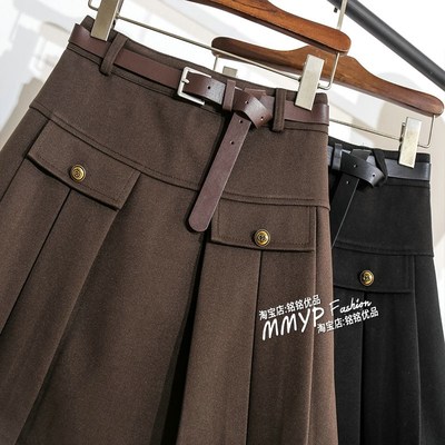 秋款高腰毛呢A字短裙百褶裙半身裙女秋冬新款小个子短款黑色裙子