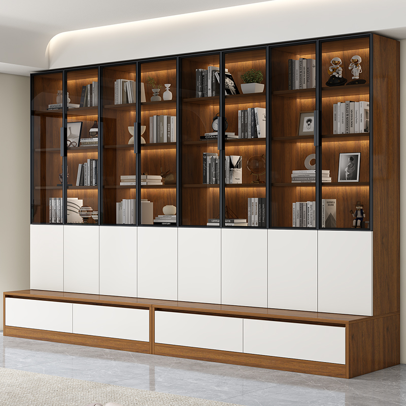书柜定制客厅整墙一体到顶书架满墙柜玻璃可座展示柜奶油风手办柜