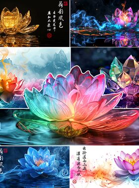 鱼缸背景贴纸高清图3D立体背景画龙鱼水族箱造景荷花莲花