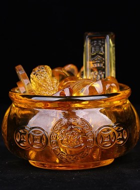 黄水晶聚宝盆摆件琉璃元宝金黄色招财家居桌面摆设乔迁礼品开业