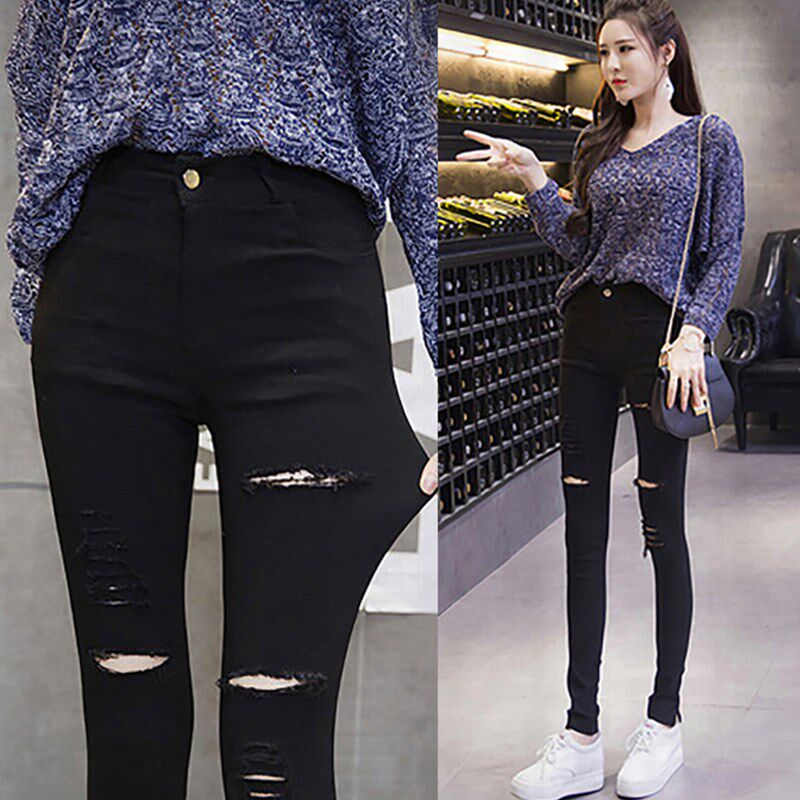 2021春秋新款大码九分打底裤女外穿学生黑色裤弹力小脚破洞裤子女