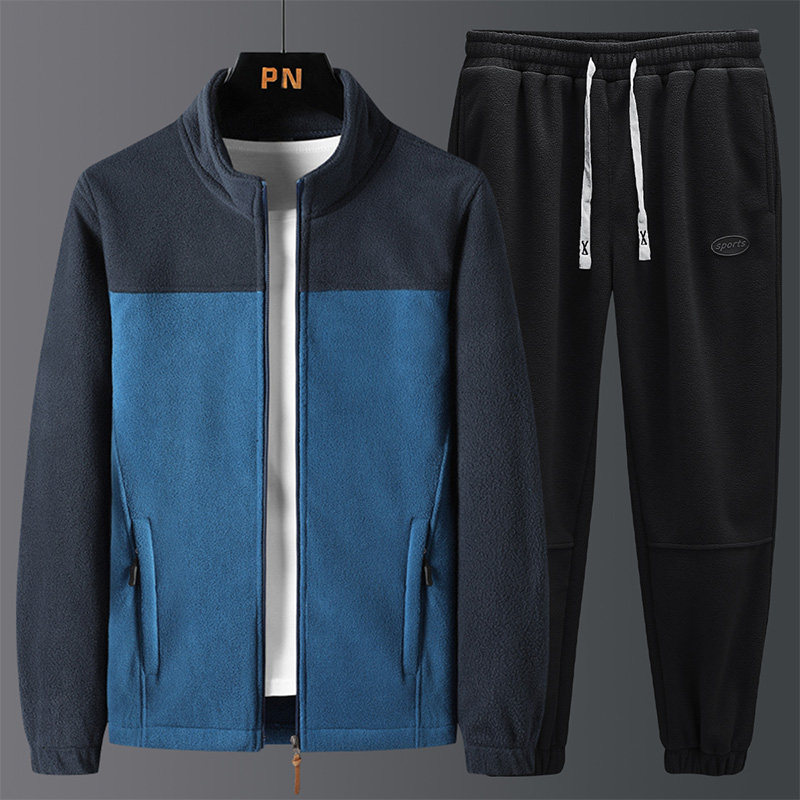 摇粒绒套装男秋冬季加绒加厚立领外套保暖卫衣开衫长裤休闲两件套