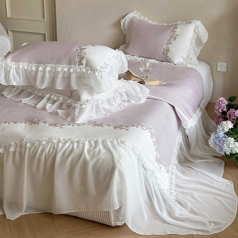 法式公主蕾丝花边冰丝床裙凉席三件套夏季K花卉刺绣凉感空调席软