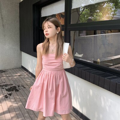大美自制150小个子好乖的法式茶歇吊带洋装 度假粉色收腰裙子女