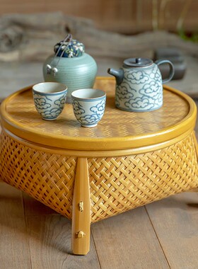 复古竹编工艺品收纳筐功夫茶具日式干泡茶台漆器茶盘竹篮茶道零配