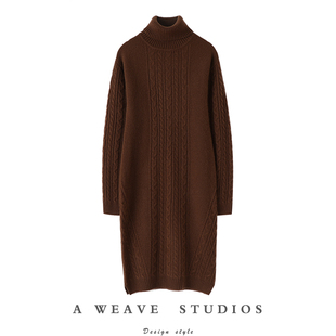知性大气美!加厚高领羊绒衫女中长款过膝纯羊绒毛衣女开叉连衣裙