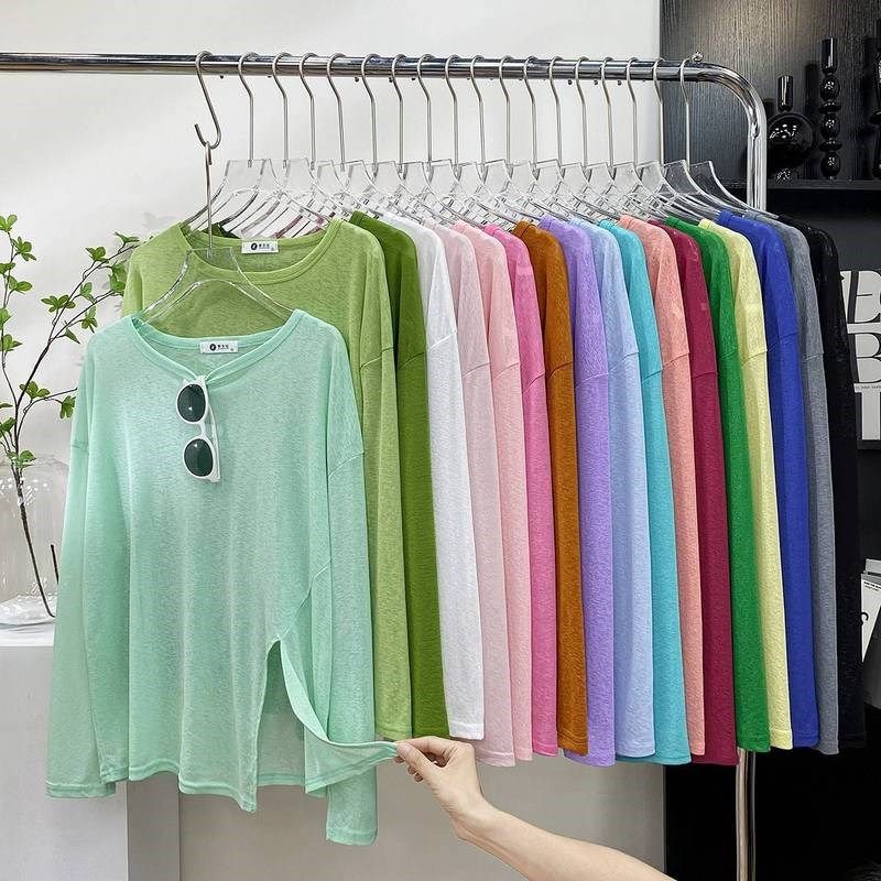 糖果色侧开叉冰丝麻长袖防晒T恤女夏薄外搭宽松慵懒空调罩衫上衣,女装/女士精品,时尚防晒服,淘宝优惠券,粉丝福利购,淘宝优惠卷