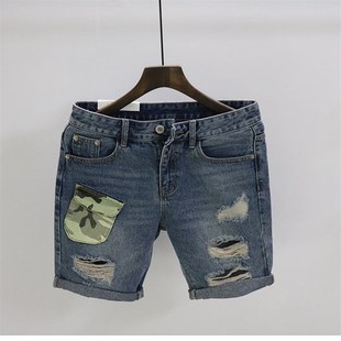 潮牌夏季 口袋破洞潮流青少年短裤 男士 个性 复古牛仔五分中裤 西式