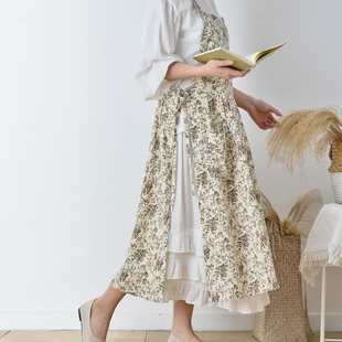 7648韩版 轻奢工作服反穿罩衣围腰 田园纯棉碎花居家背带围裙女法式