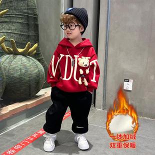 男童加绒套装2025春秋新款痞帅小孩童装宝宝加厚衣服休闲两件式潮