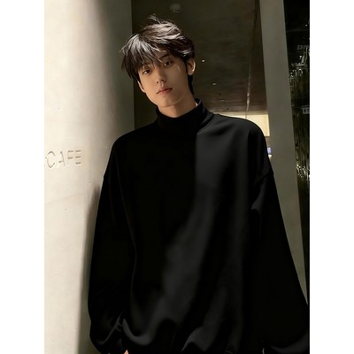 黑色半高领德绒打底衫男款秋冬加绒加厚卫衣潮牌痞帅内搭长袖t恤