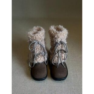 牛皮版~覆古厚底棕色靴子加绒短靴女款冬季保暖毛毛鞋新款雪地靴