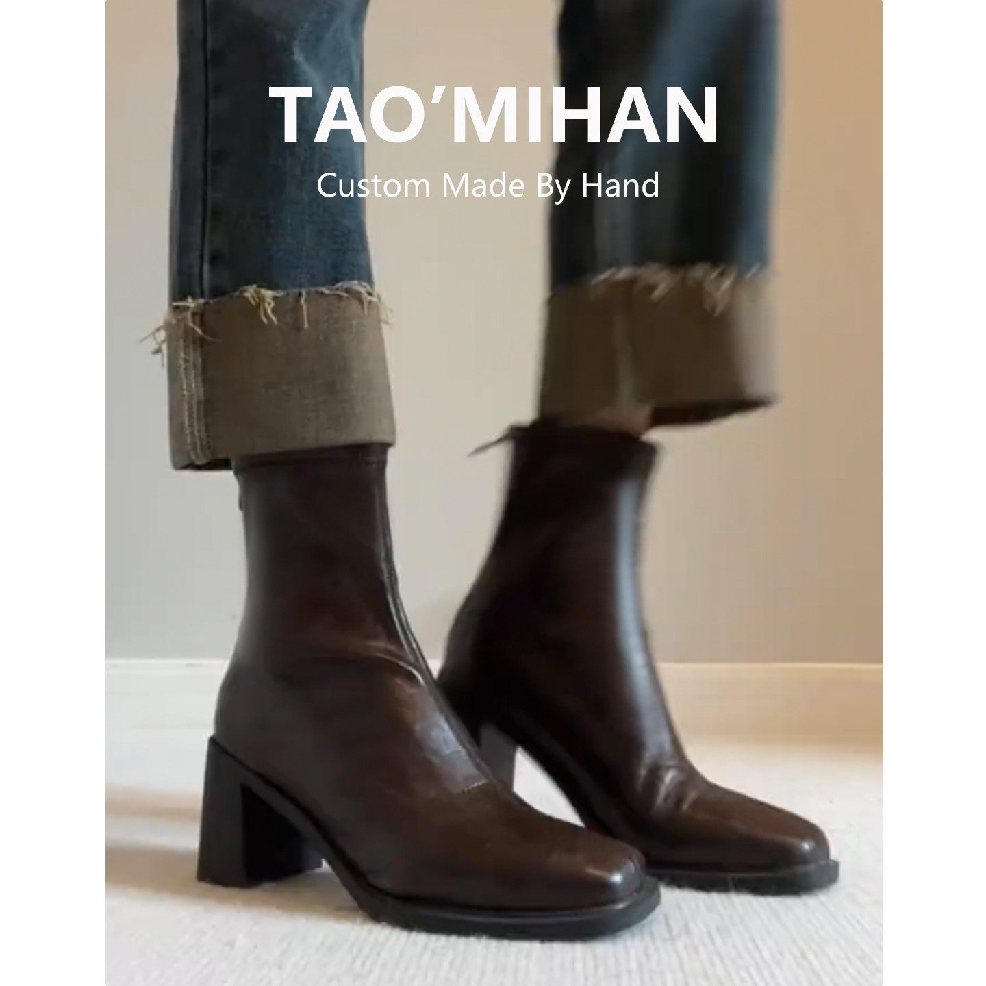 真皮方头棕色瘦瘦靴女2025秋冬季加绒新款粗跟马丁靴高跟鞋短靴子,女鞋,时装靴,淘宝优惠券,粉丝福利购,淘宝优惠卷