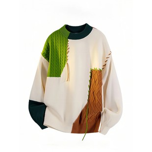 美式覆古拼接圆领毛衣男款秋冬季内搭可外穿小众针织衫设计感上衣