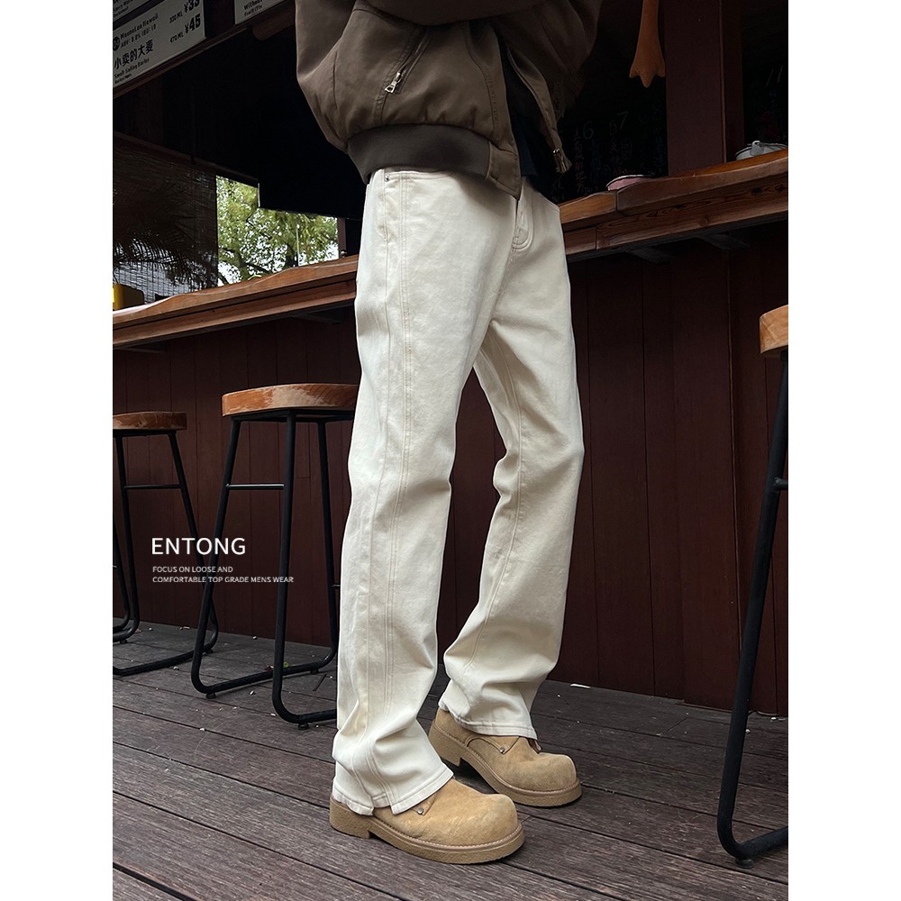 Entong美式高街cleanfit杏色微喇直筒牛仔裤男覆古百搭显瘦长裤子