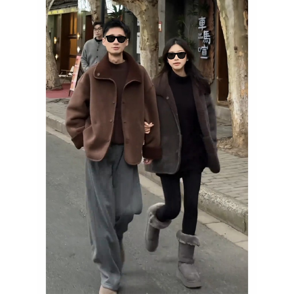 美拉德咖色皮毛一体麂皮绒棉服男冬季加绒加厚棉衣双面穿情侣外套