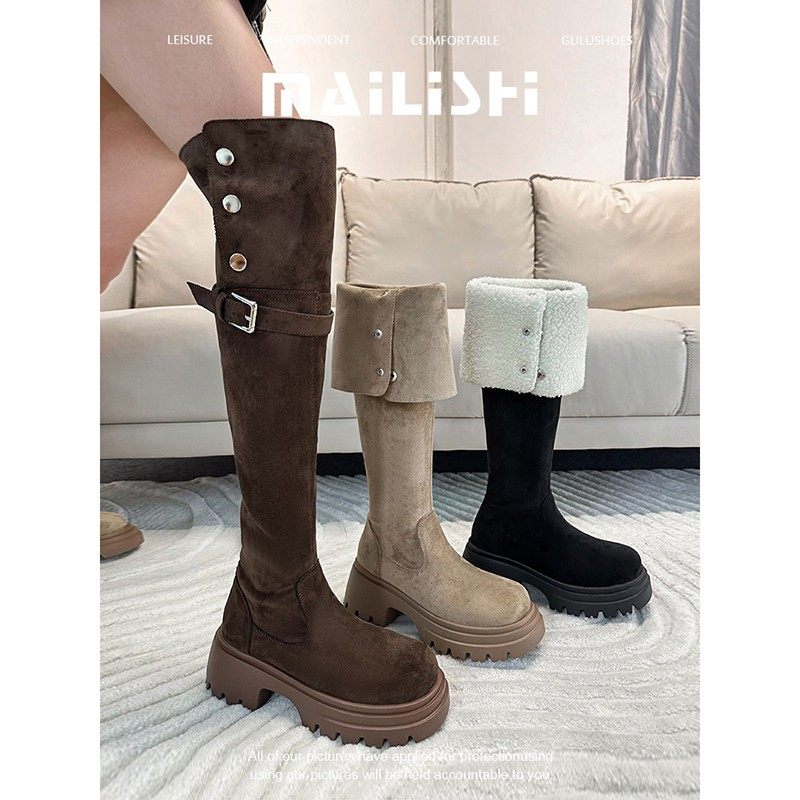 【粉丝抢购价】过膝厚底两穿翻折骑行靴胖mm粗腿显瘦高筒长靴女冬,女鞋,时装靴,淘宝优惠券,粉丝福利购,淘宝优惠卷