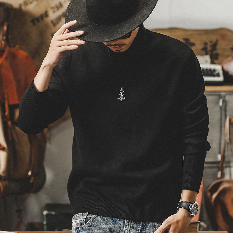 美式覆古简约毛衣男冬季加厚男士高领针织衫男内搭纯色加绒打底衫