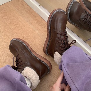 日系圆头短靴女学院风大头鞋2024新款厚底防滑雪地靴冬季加绒棉鞋