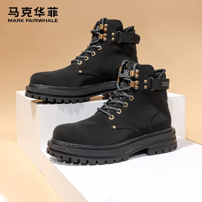 马克华菲马丁靴男2025新款男鞋春秋黑色鞋子高筒皮靴男生靴子男款