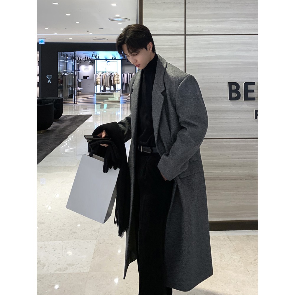 春秋韩版美拉德毛呢大衣男高级感中长款垫肩风衣过膝宽松呢子外套