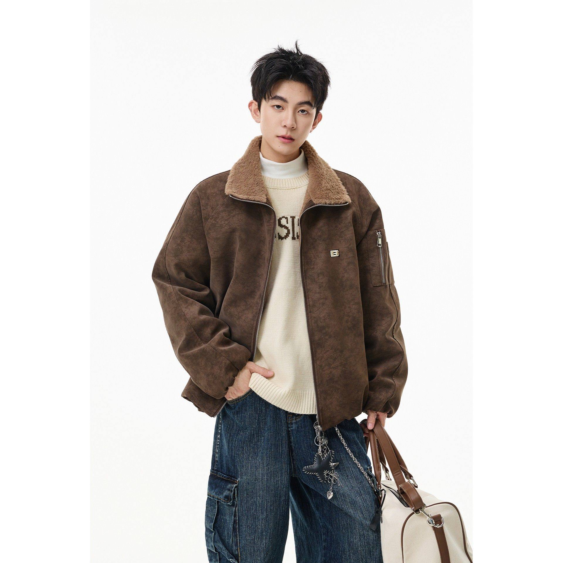 美式覆古皮衣外套男款冬季加绒加厚潮牌痞帅男装冬装上衣夹克棉服