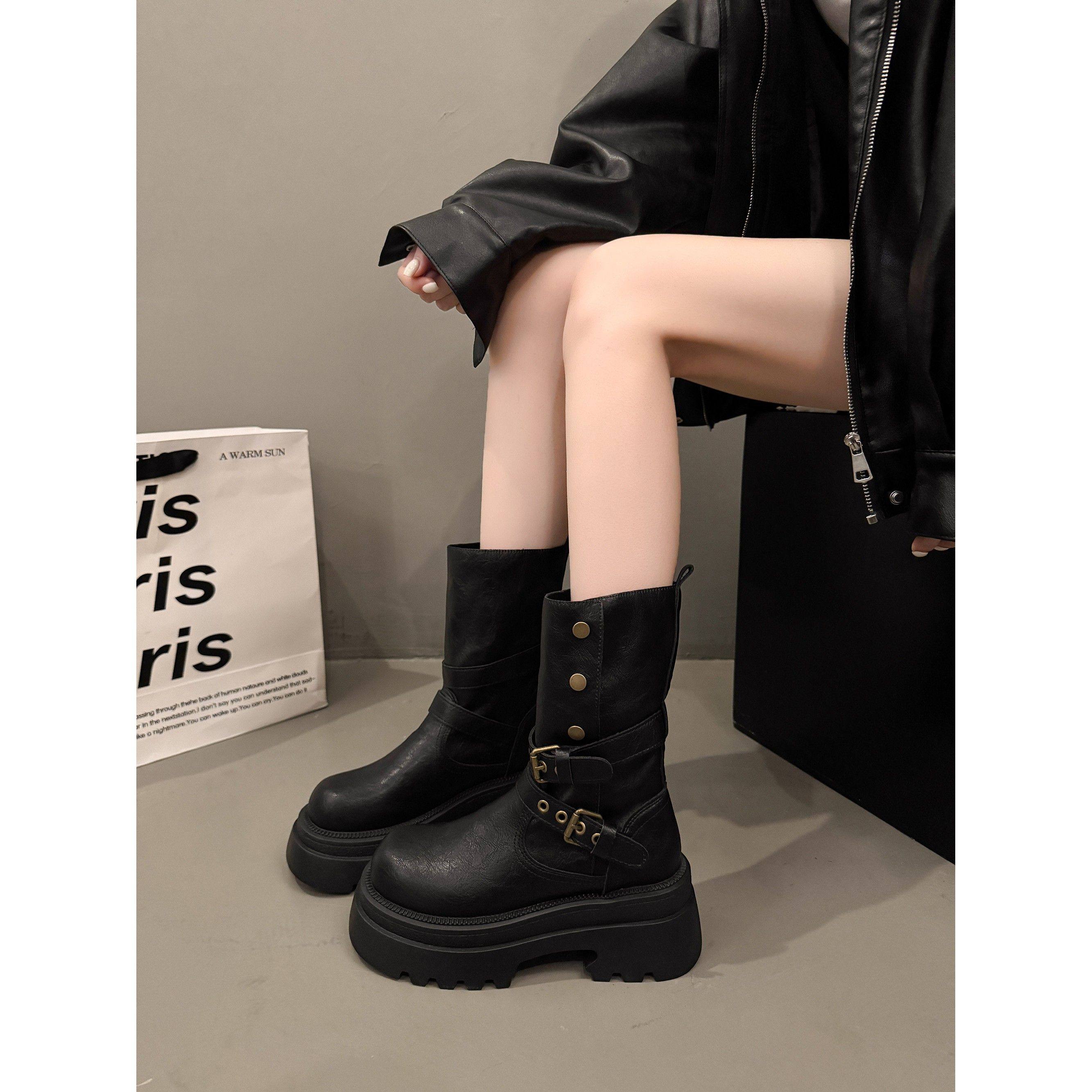 棕色覆古厚底马丁靴女款2025新款秋季英伦风两穿增高中筒短筒靴子