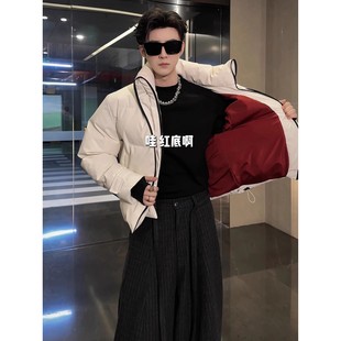 男生过冬外套小众设计假两件加厚保暖棉衣高级感立领短款羽绒棉服