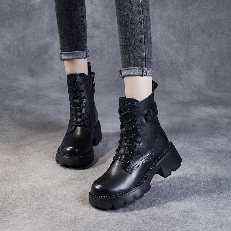 厚底马丁靴女2025新爆款春秋靴子英伦风真皮高跟小个子配裙子短靴