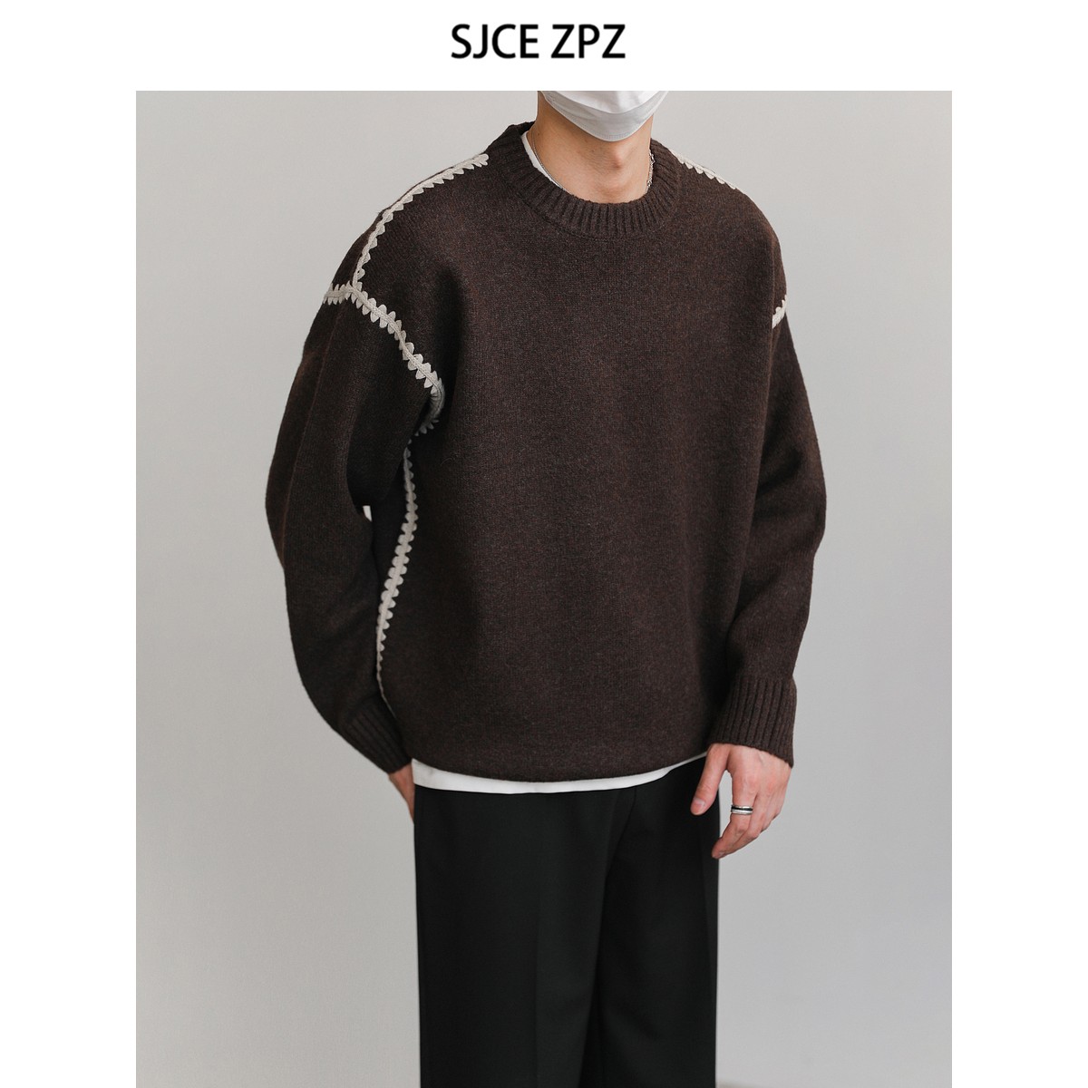 Zpz设计对比色编织蕾丝针织羊毛毛衣男士秋冬上衣时髦圆领套头毛