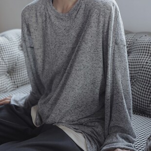 衣疫 麻灰色轻薄纸片人儿毛边打底衫长袖T恤