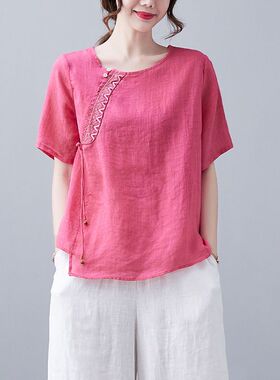 文艺复古短袖女刺绣棉麻圆领夏季新款宽松大码百搭T恤套头上衣女.