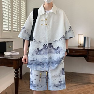 半袖 新款 国潮衬衣男士 套装 短裤 男装 衬衫 短袖 水墨风冰丝夏季 新中式