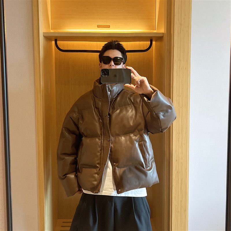 范哲贤 2024冬季新款美拉德PU皮鹅绒羽绒服男短款加厚面包服外套
