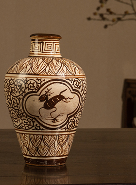 清代吉州b窑黄釉酱彩海棠开窗鹿纹梅瓶文玩古董瓷器艺术品装饰摆